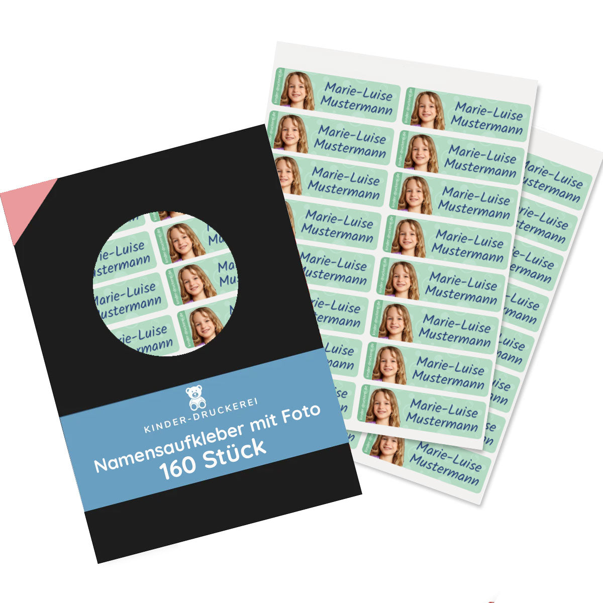 Namensaufkleber Kinder mit Foto | 160er Set mit KI-Portrait - kinder-druckerei.de