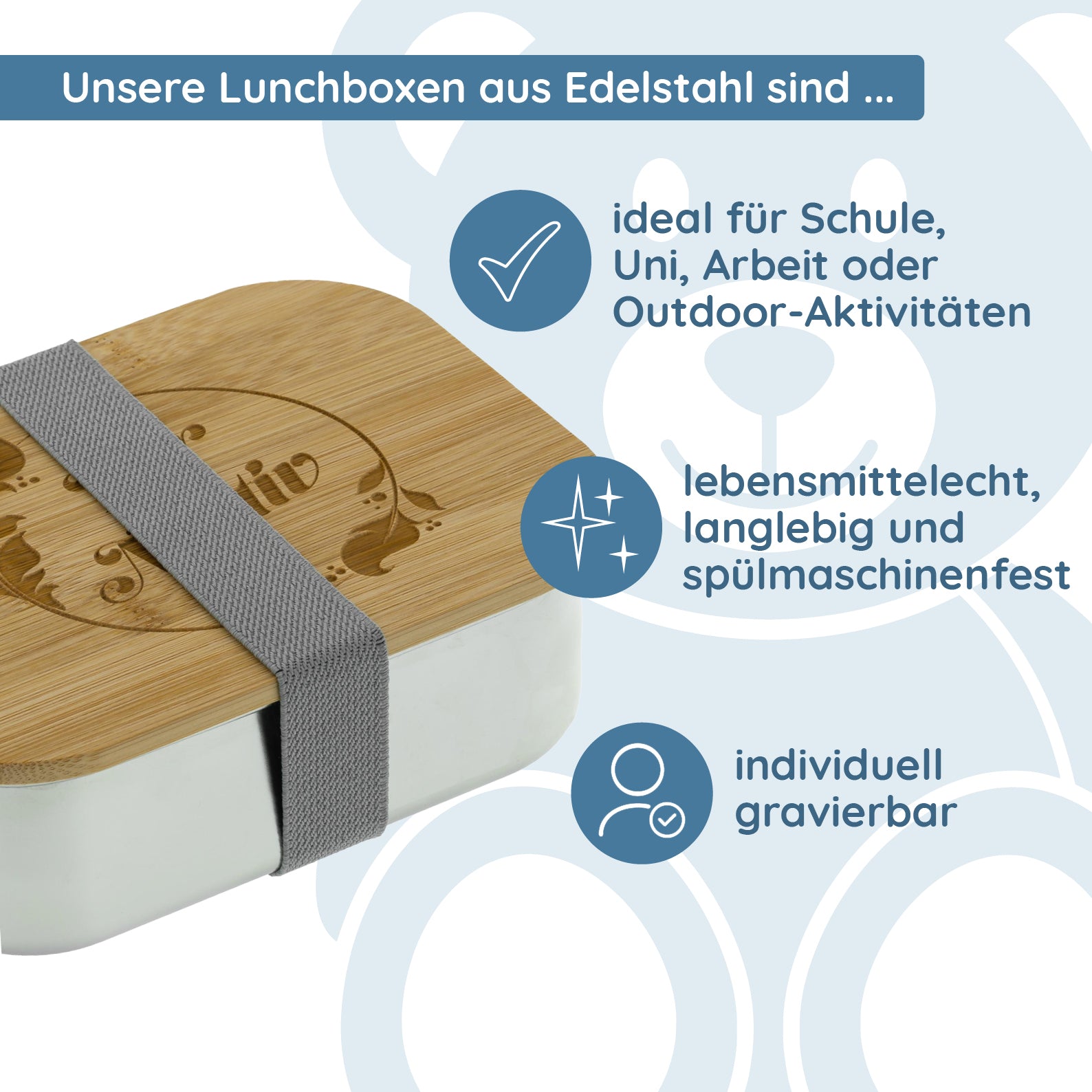 Lunchbox aus Edelstahl mit Bambusdeckel und Verschluss & inkl. individueller Gravur - kinder-druckerei.de