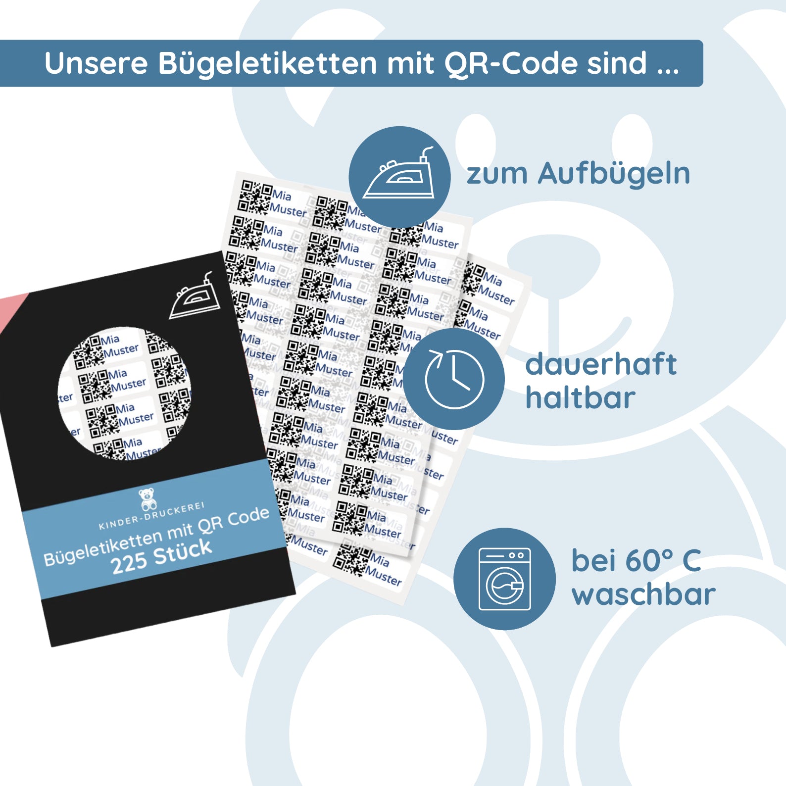 225 Stück Bügeletiketten mit QR Code 30x13 mm - kinder-druckerei.de