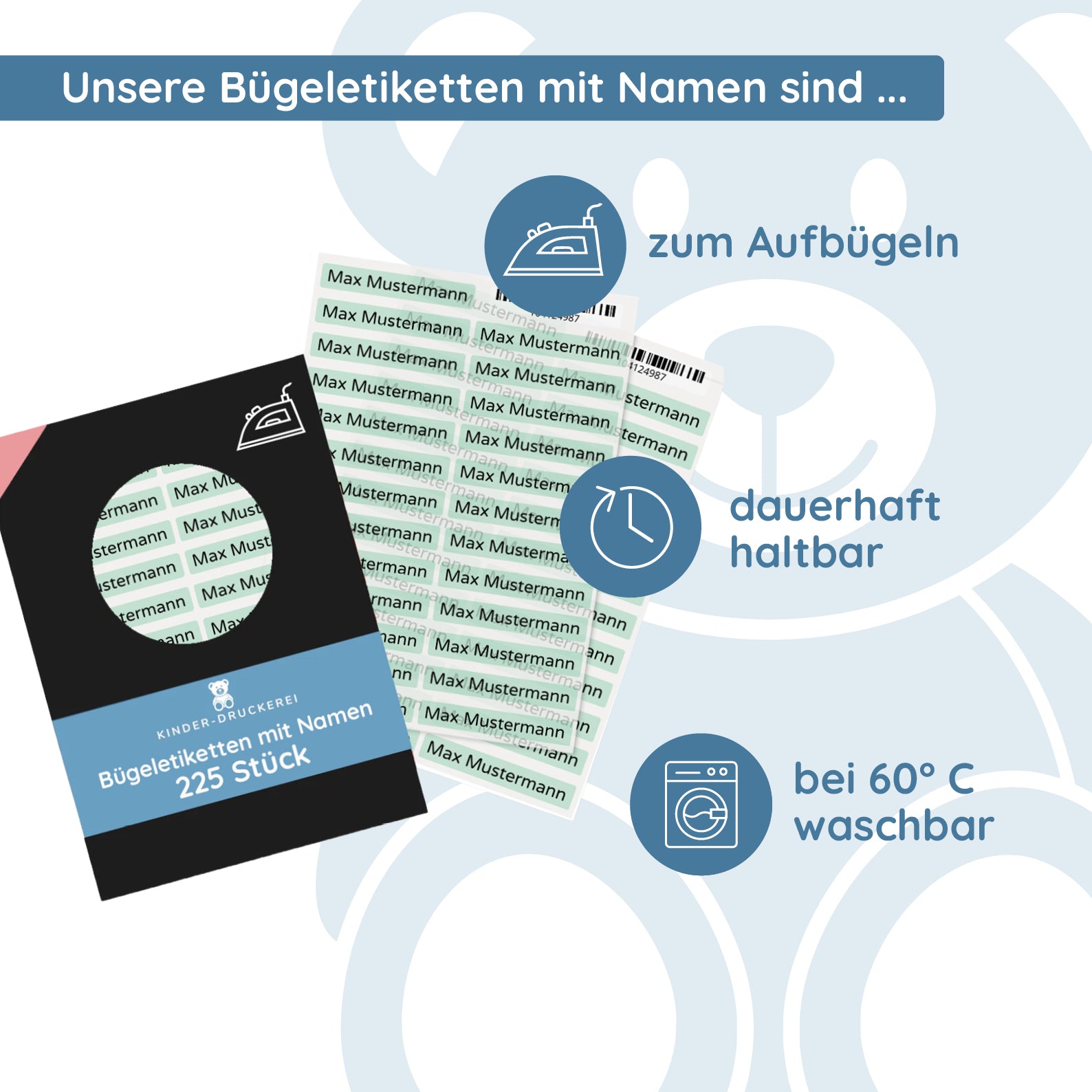 Bügeletiketten mit Namen (52x9 mm 225 Stück zum Aufbügeln) - kinder-druckerei.de