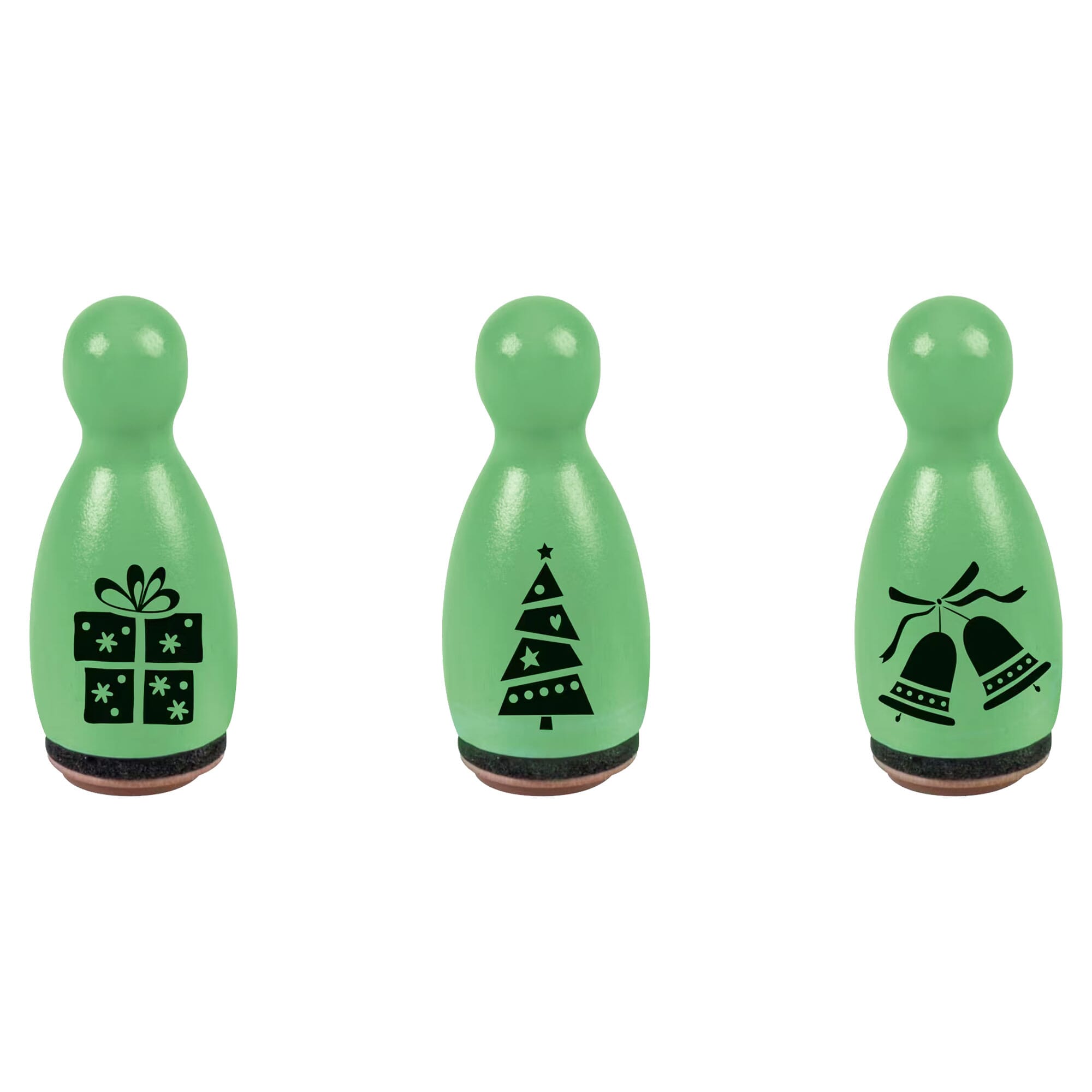 Heyda Holzstempel-Set Weihnachtsmotive Grün mit Geschenk, Glocken und Weihnachtsbaum – kinder-druckerei.de