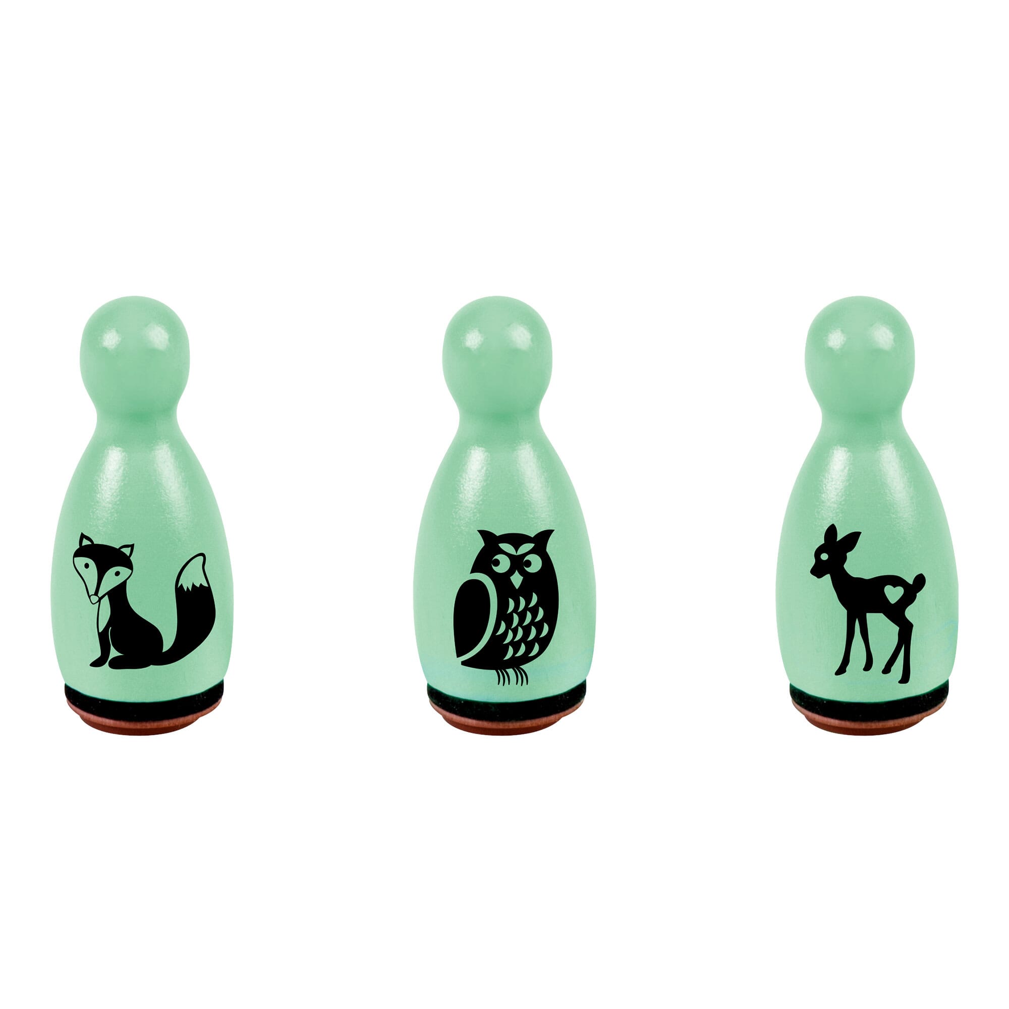 Heyda Holzstempel-Set Waldtiere Mint mit Reh, Fuchs und Eule – kinder-druckerei.de