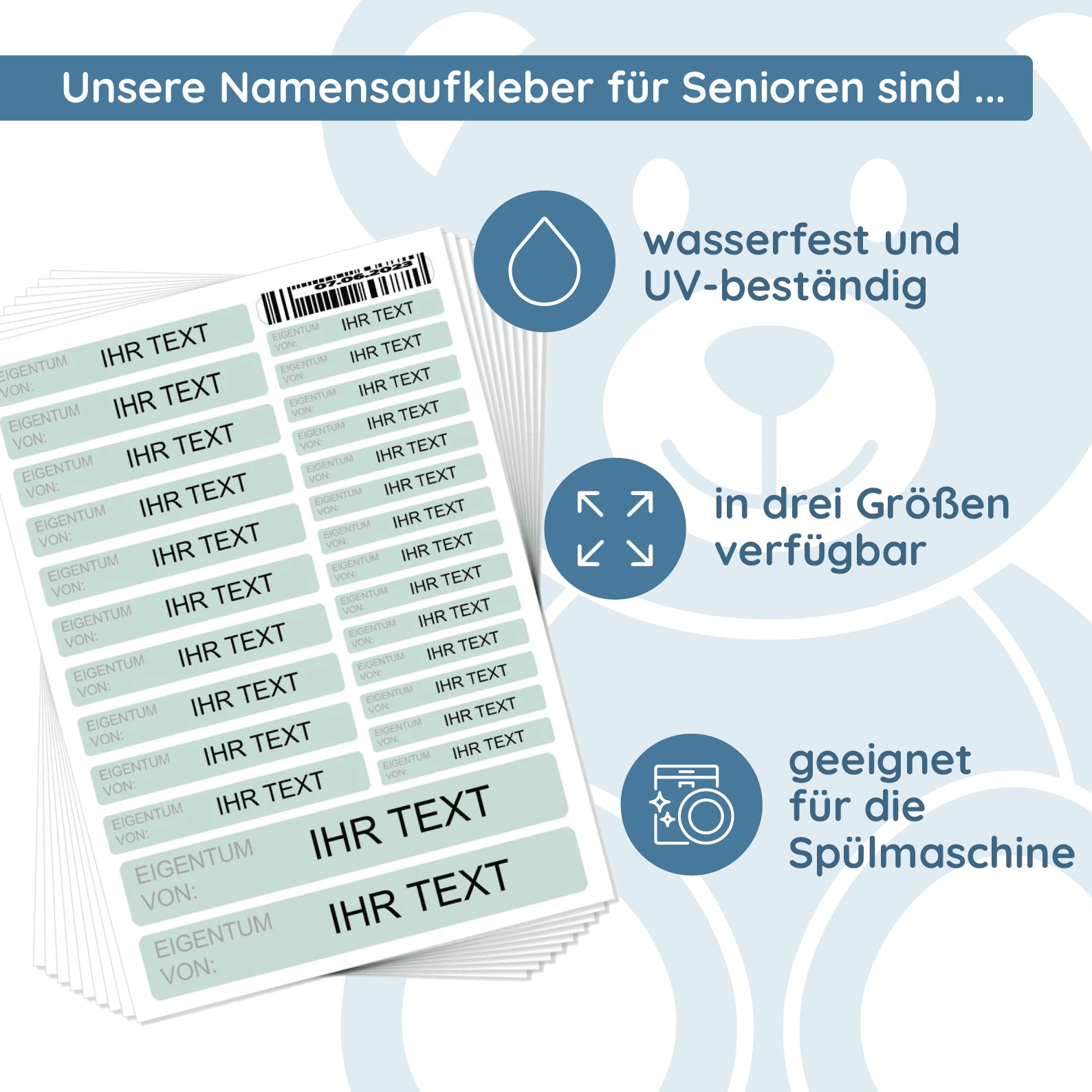 260 Stück Namensaufkleber für SENIOREN (Set mit 3 versch. Größen- Spülmaschine u. Waschmaschine) - kinder-druckerei.de