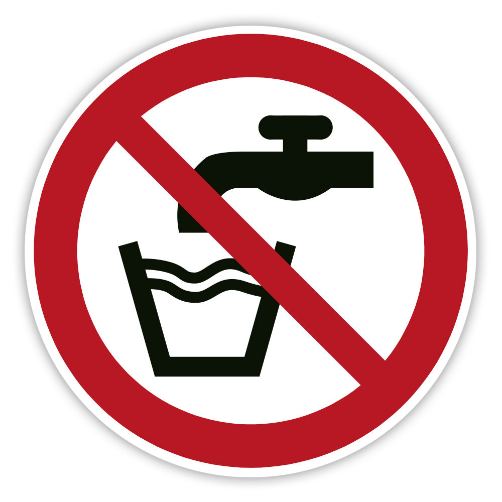 Aufkleber "Kein Trinkwasser!" mit rotem Verbotszeichen, Warnhinweis auf Trinkwassersicherheit, auf weißem Hintergrund.