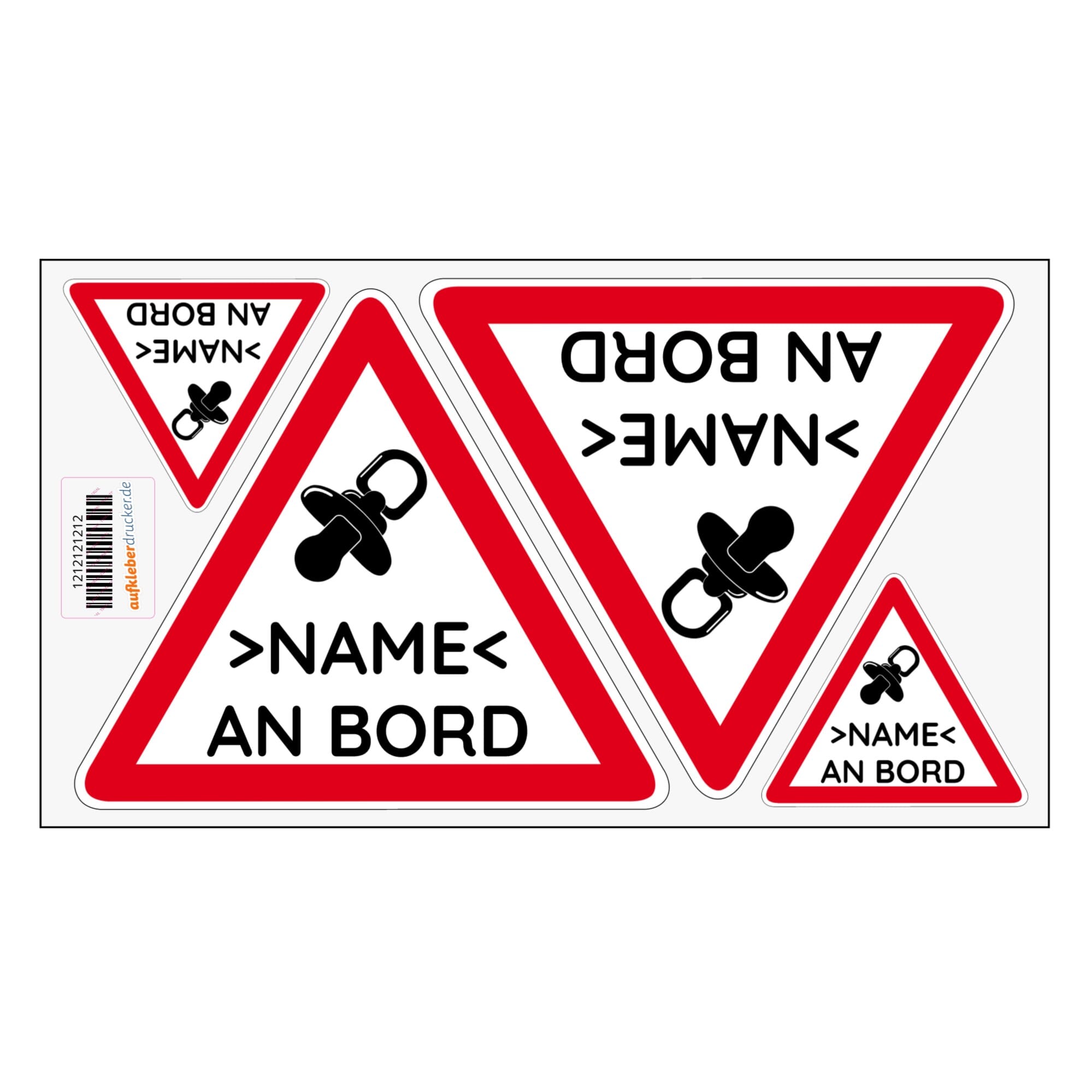 Personalisierte Autoaufkleber Baby an Bord  (4 Stück 2x 120 mm 2x 45 mm) - kinder-druckerei.de