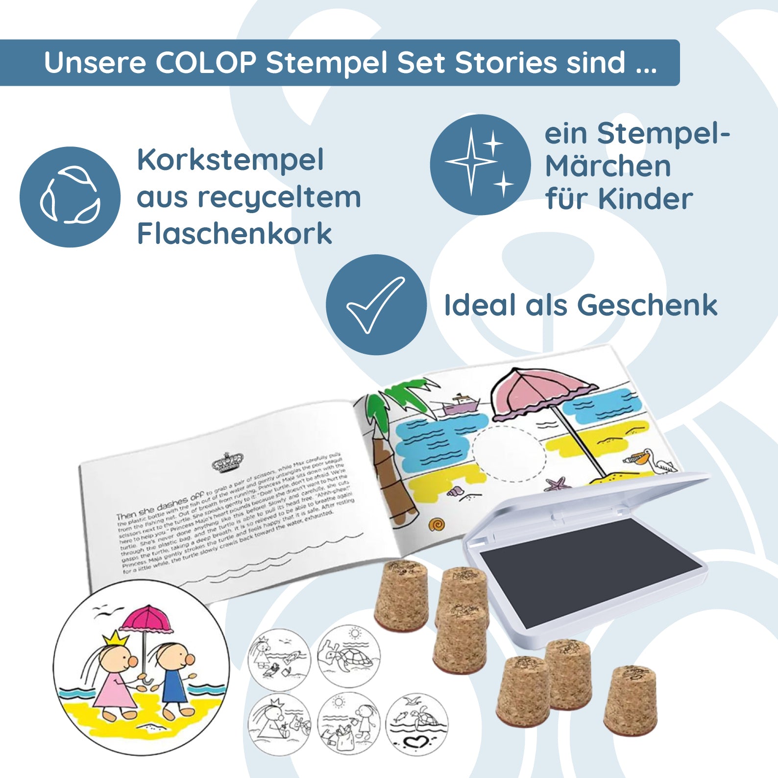 Colop Stempel Set - Stamp Stories (6 Korkstempel + Stempelkissen + Stempelheft) - kinder-druckerei.de