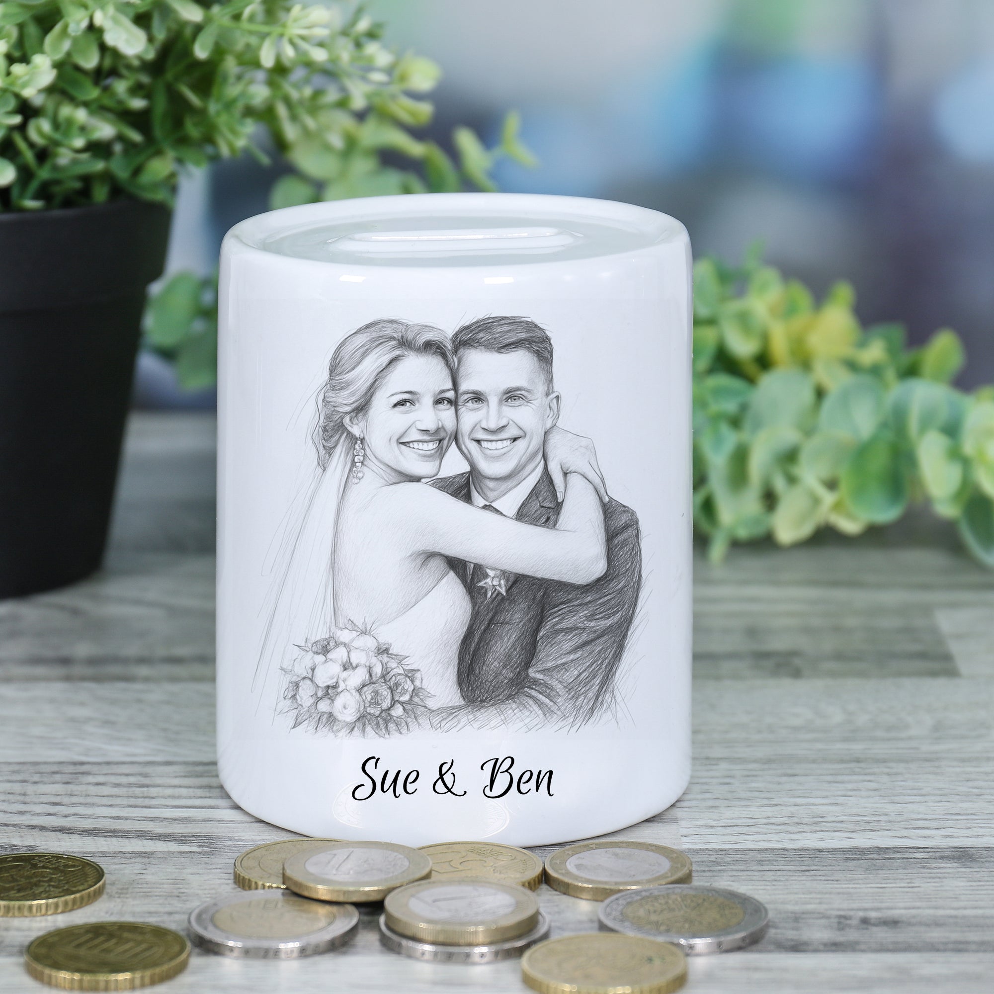 Spardose mit Bleistiftzeichnung und Text - kinder-druckerei.de