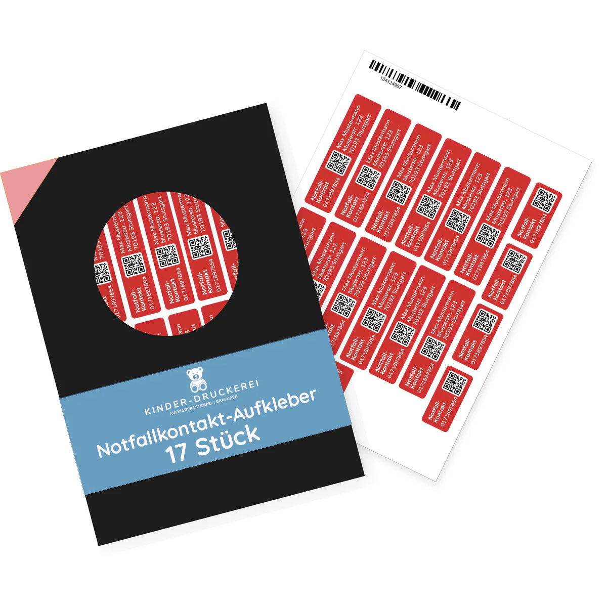 Notfallkontakt-Aufkleberset mit Name, Telefonnummer & Adresse, stark haftend, 60x13 + 30x13 mm - kinder-druckerei.de