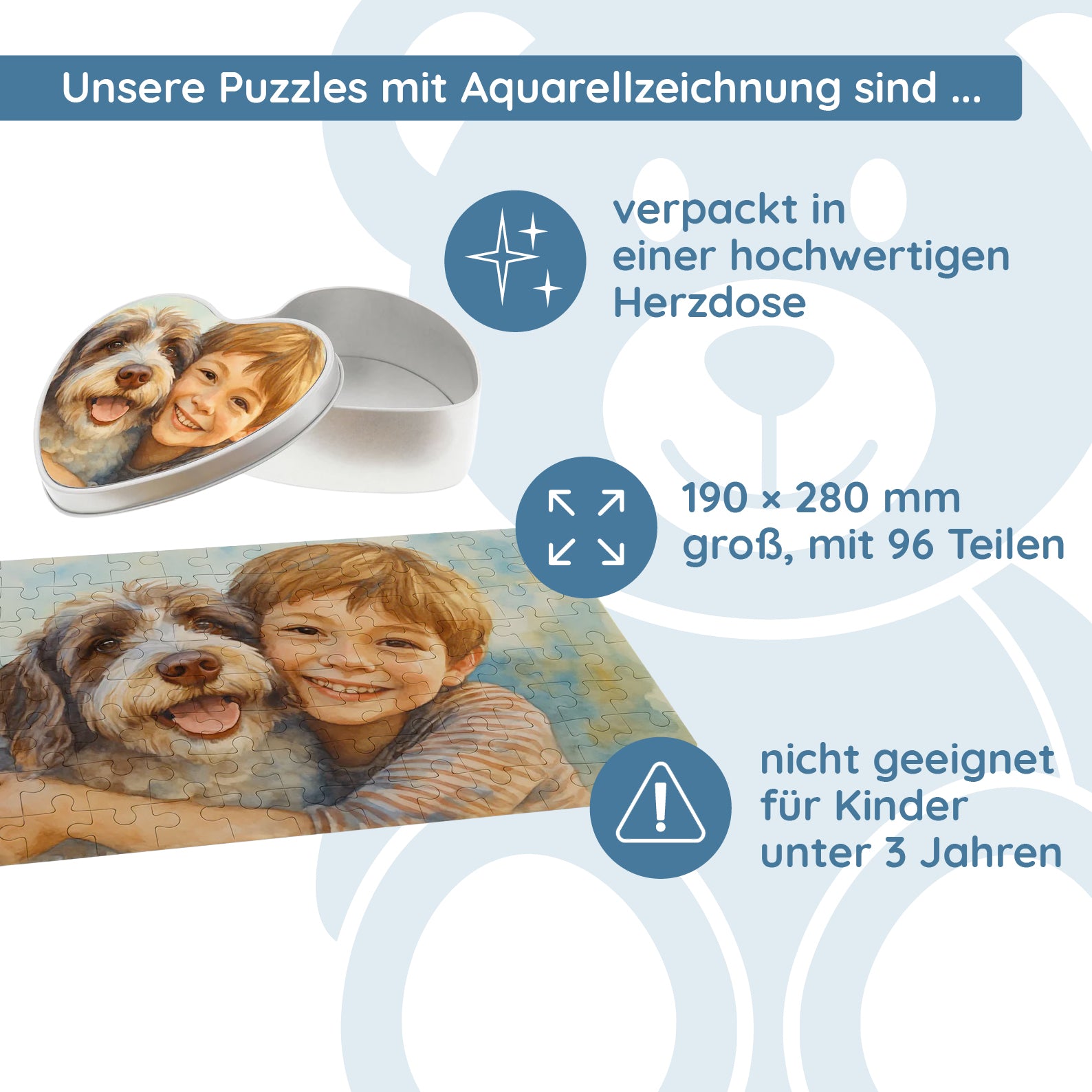 Puzzle mit Aquarellzeichnung und Text (inkl. Herzdose – 96 Teile) - kinder-druckerei.de