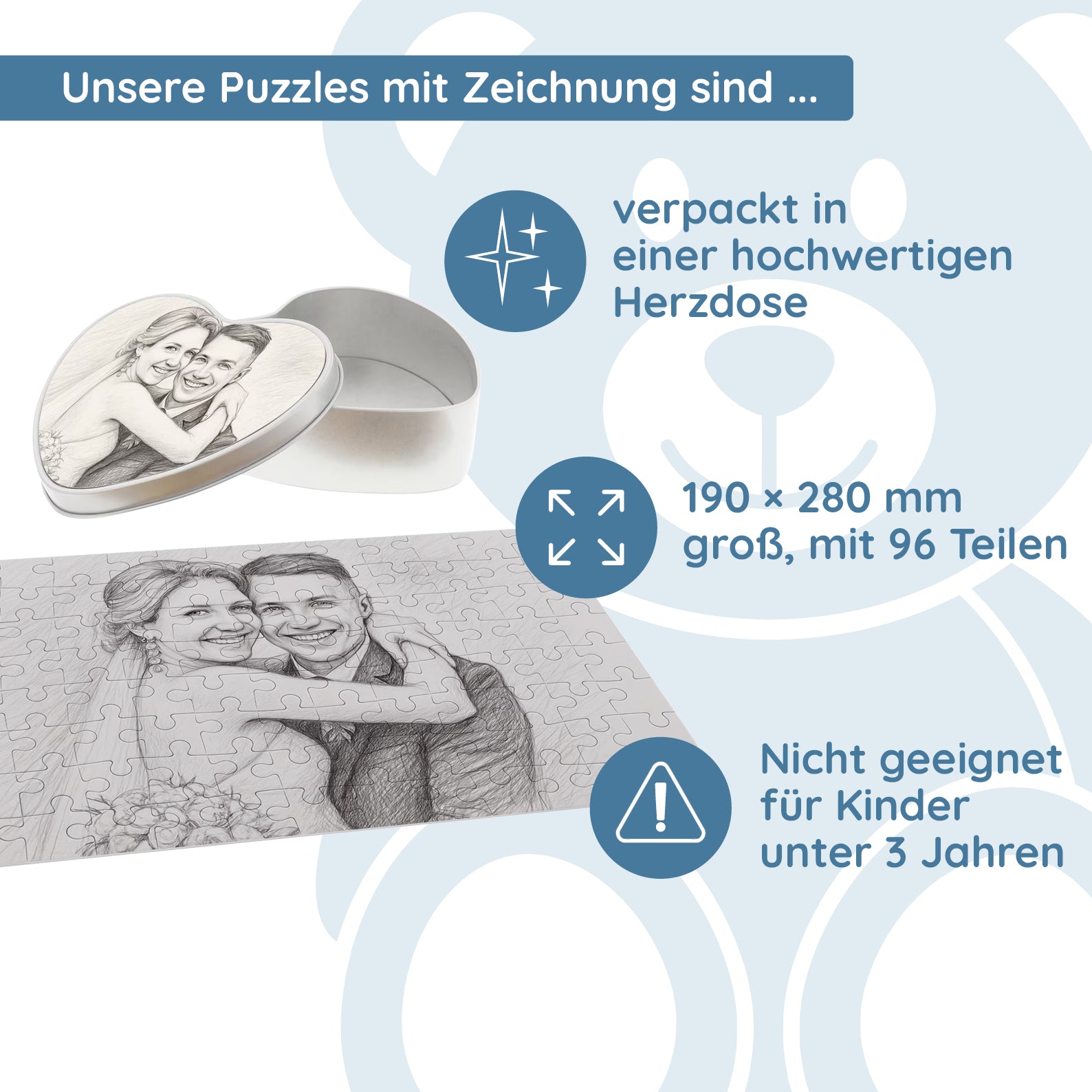 Puzzle mit Bleistiftzeichnung und Text (inkl. Herzdose – 96 Teile) - kinder-druckerei.de