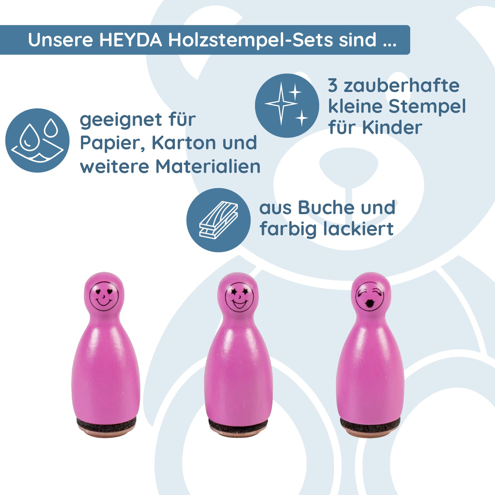 HEYDA Holzstempel Figuren-Set "Gesichter" – Pink (3 Stück - Ø 12 mm) - kinder-druckerei.de