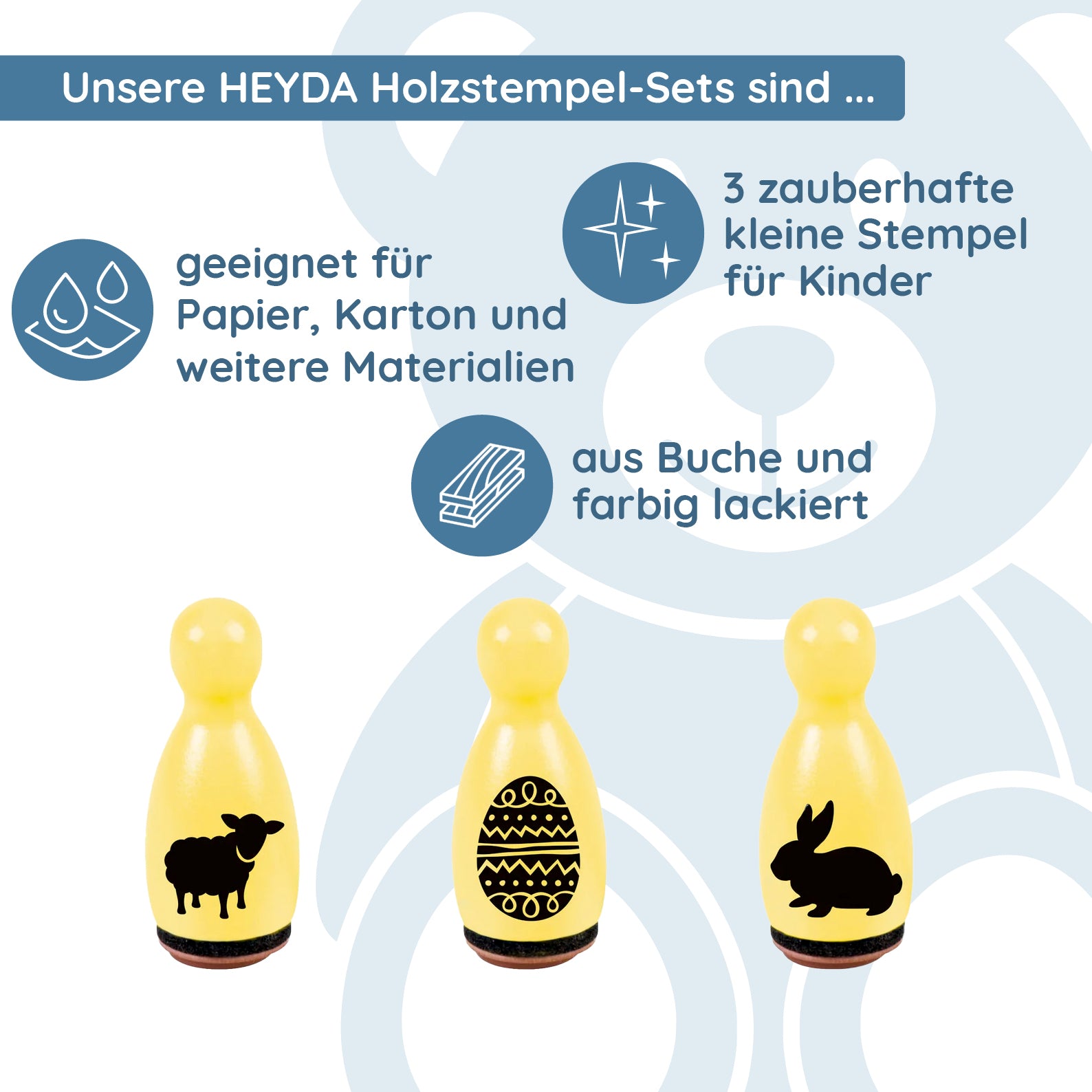 HEYDA Holzstempel-Figuren Set "Ostern" – Gelb (3 Stück - Ø 12 mm) - kinder-druckerei.de