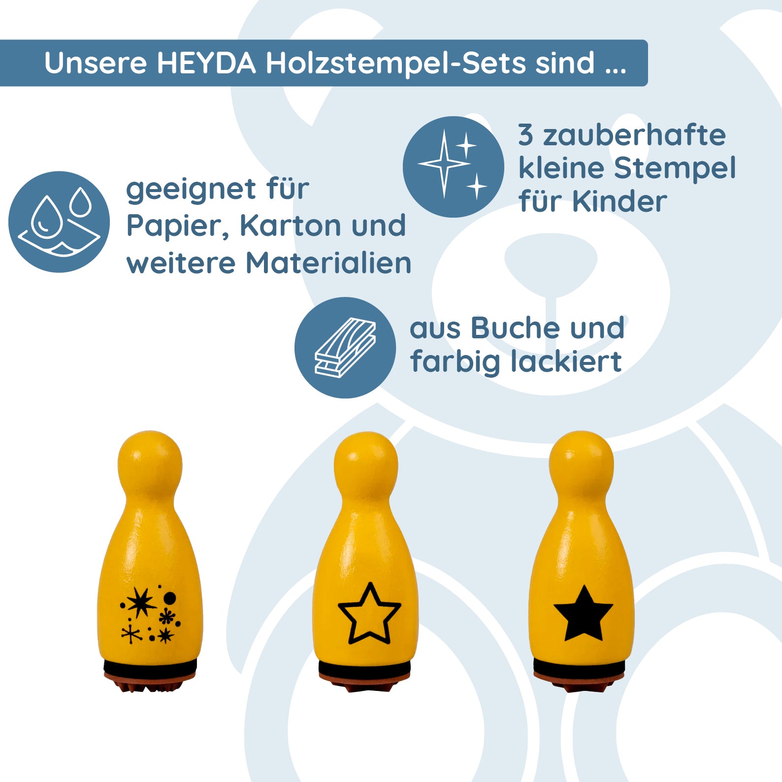 HEYDA Holzstempel-Figuren Set "Sterne & Kristalle" – Gelb (3 Stück - Ø 12 mm) - kinder-druckerei.de