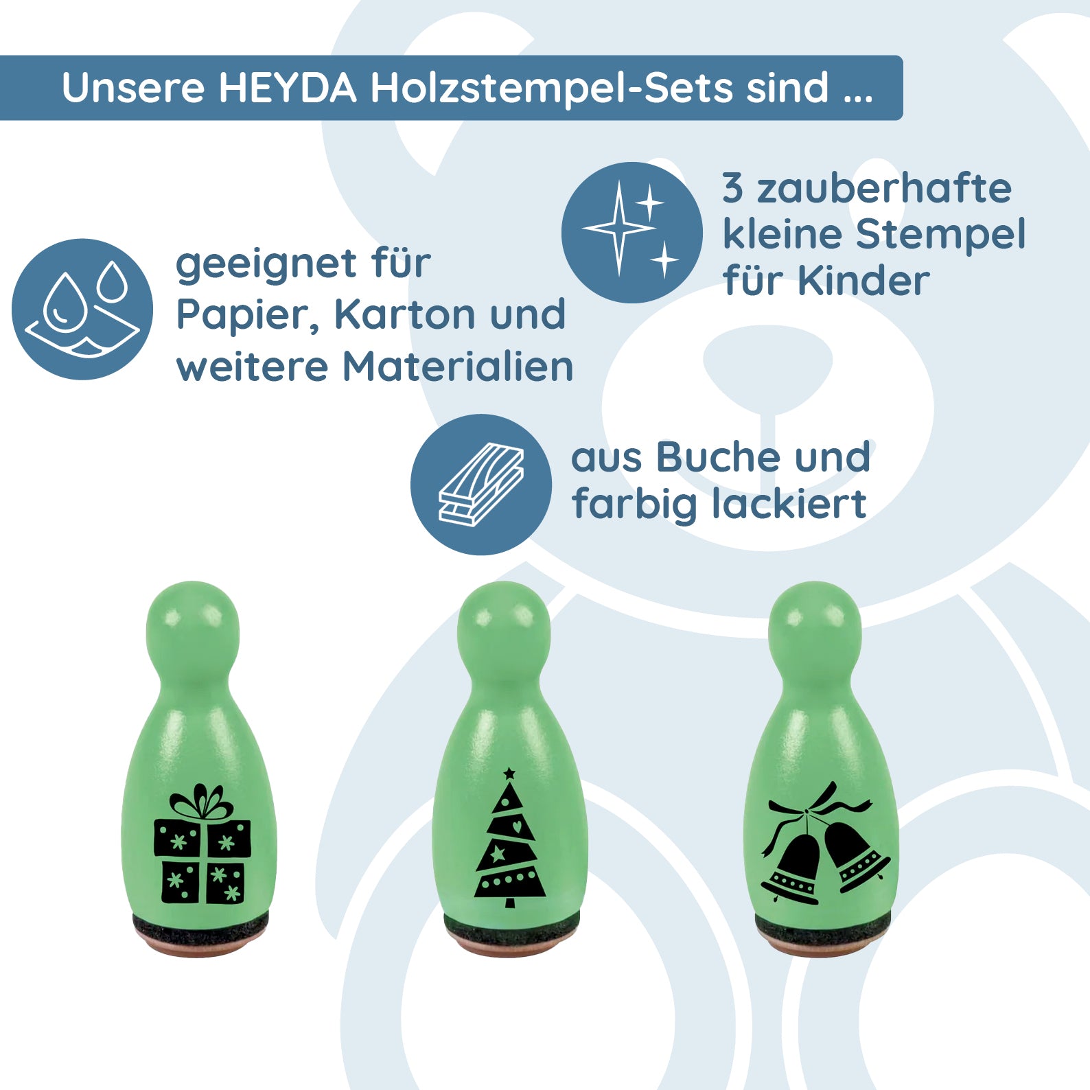 HEYDA Holzstempel-Figuren Set "Weihnachtsmotive" – Grün (3 Stück - Ø 12 mm) - kinder-druckerei.de