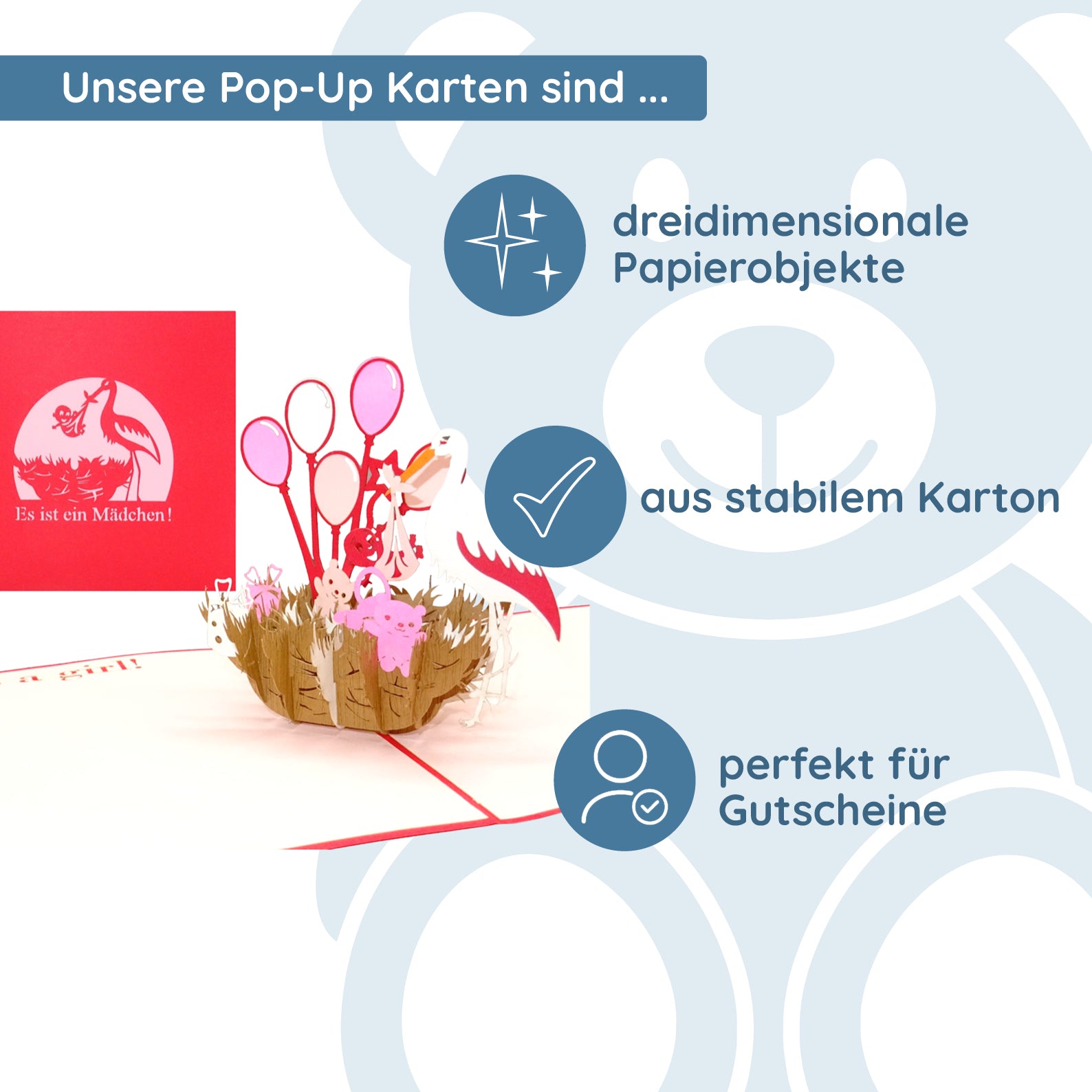 Colognecards Pop-Up Karte Storch - Geburt Mädchen